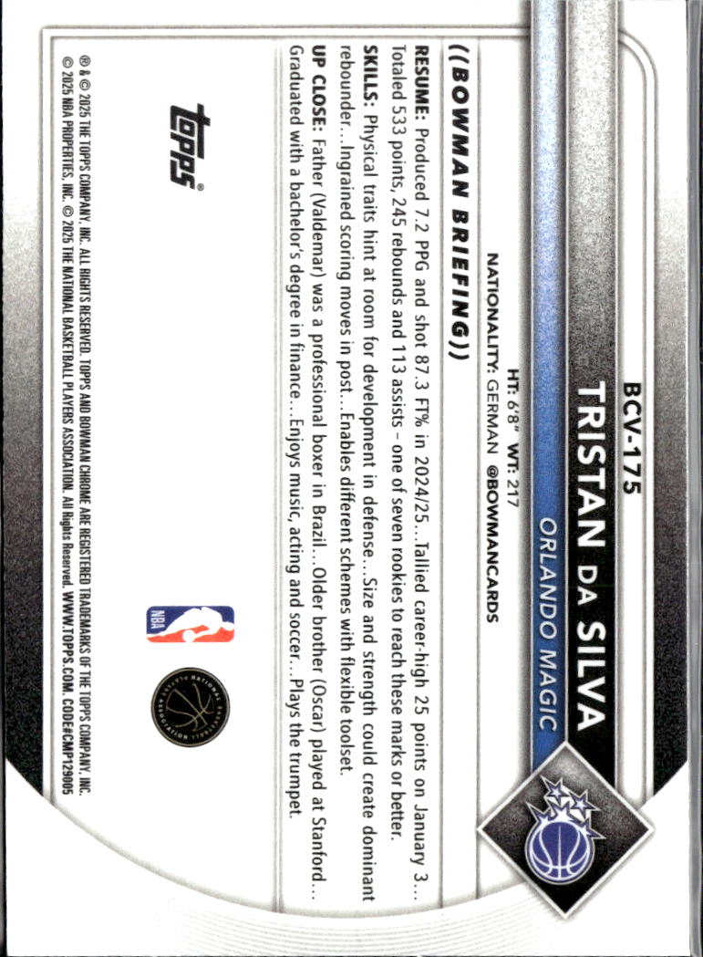 Tristan da Silva 2025 Bowman Chrome Purple Refractpr 68/250 Orlando Magic