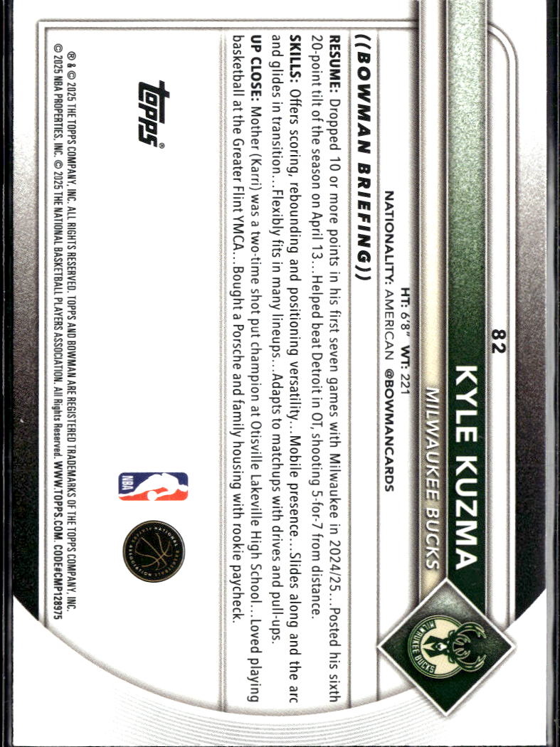 Kyle Kuzma 2025 Bowman Pink 83/175 Milwaukee Bucks