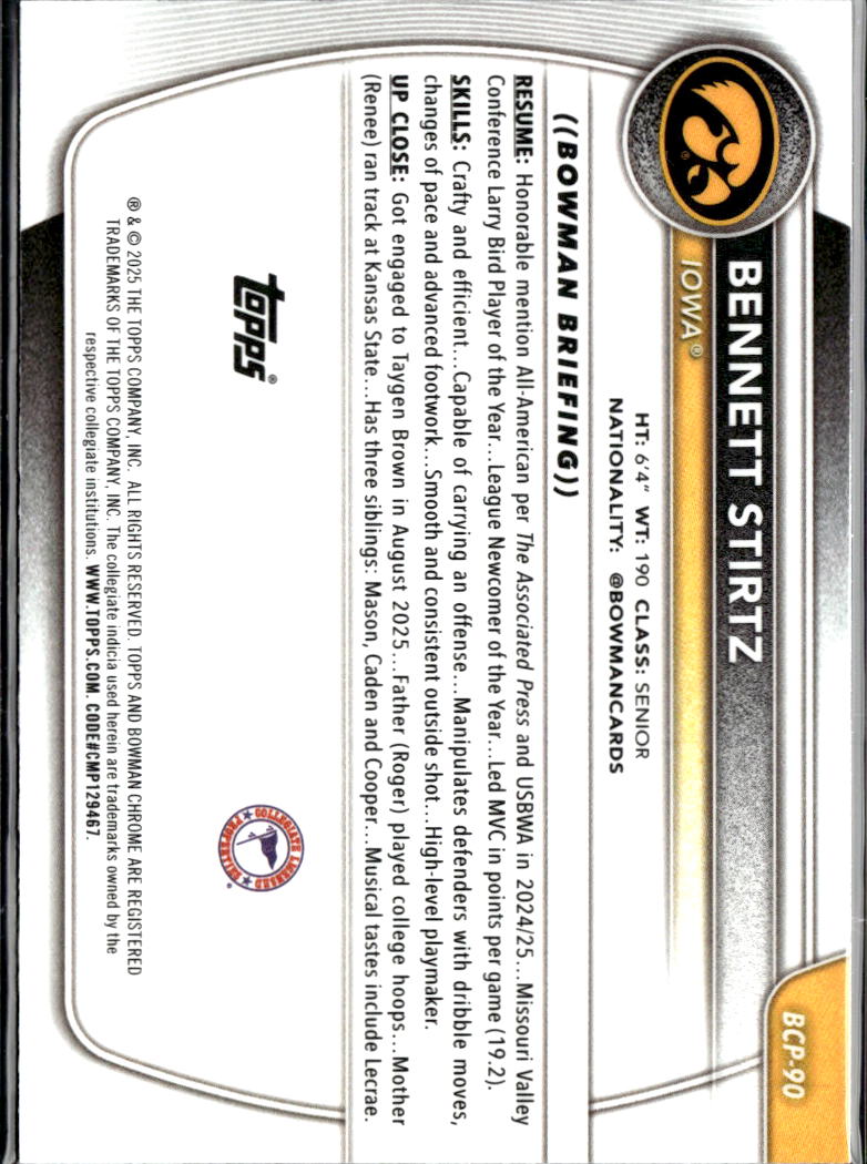 Bennett Stirtz 2025 Bowman Chrome 1st Reptilian Refractor Iowa Hawkeyes
