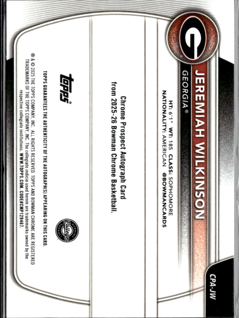 Jeremiah Wilkinson 2025 Bowman Chrome Auto Autograph RC Georgia Bulldogs