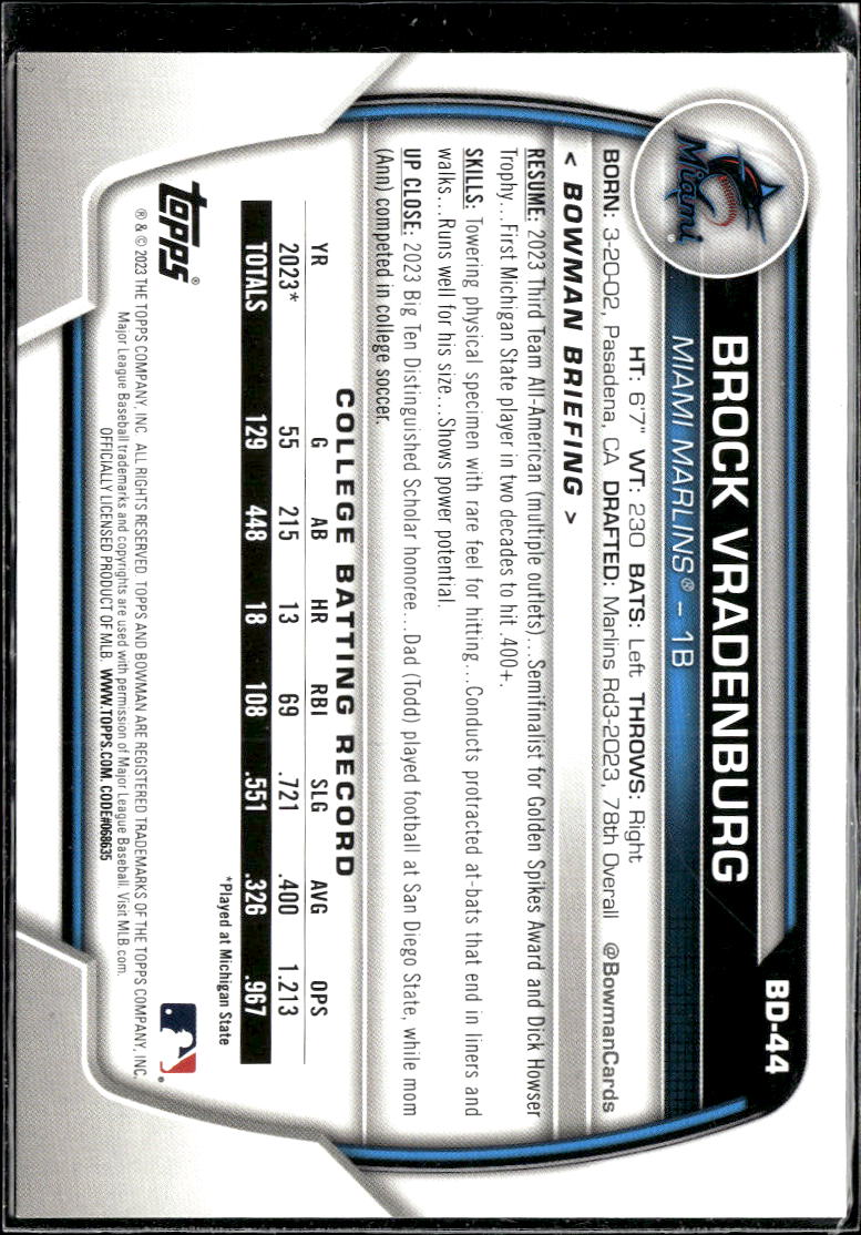 Brock Vradenburg 2023 Bowman Draft 1st Green /99 Miami Marlins
