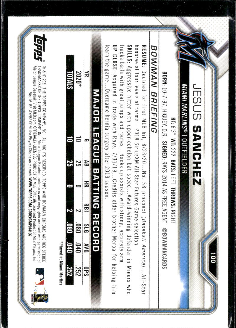 Jesus Sanchez 2021 Bowman Chrome RC Green Rookie 270/399 Miami Marlins