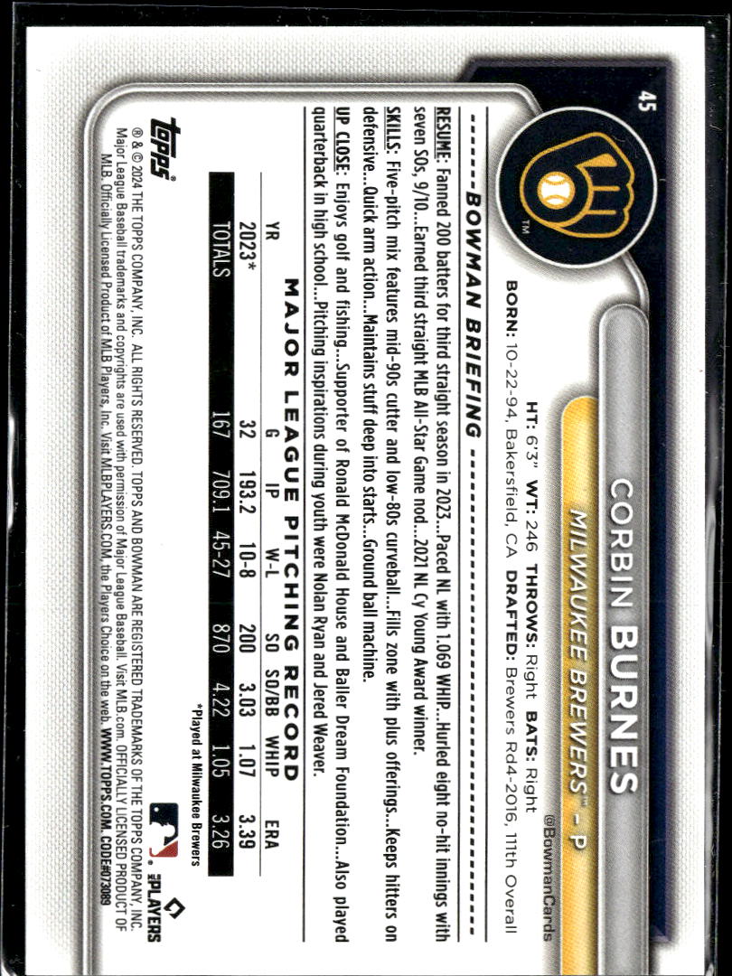 Corbin Burnes 2024 Bowman Green /399 Milwaukee Brewers