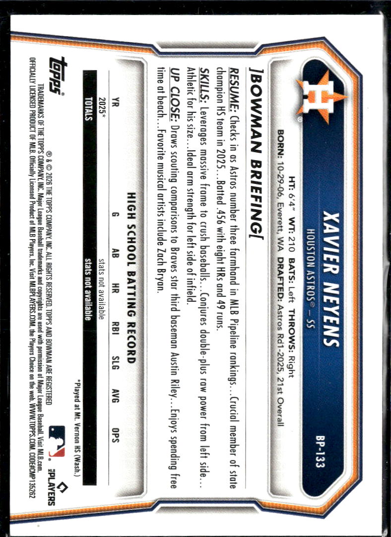 Xavier Neyens 2026 Bowman Green 351/399 Houston Astros