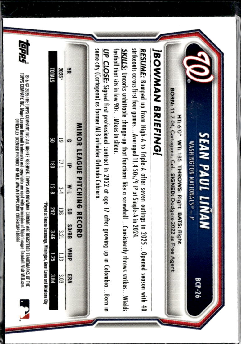 Sean Paul Linan 2026 Bowman Chrome 1st Aqua Mega Box /125 Washington Nationals