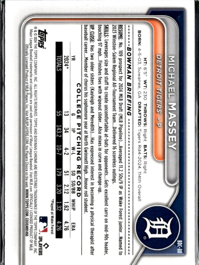 Michael Massey 2024 Bowman Chrome 1st Purple 22/250 Detroit Tigers