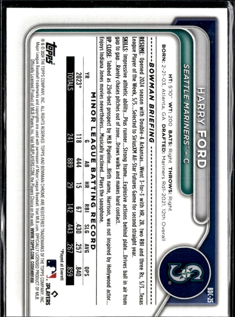 Harry Ford 2024 Bowman Chrome Purple Refractor /250 Seattle Mariners