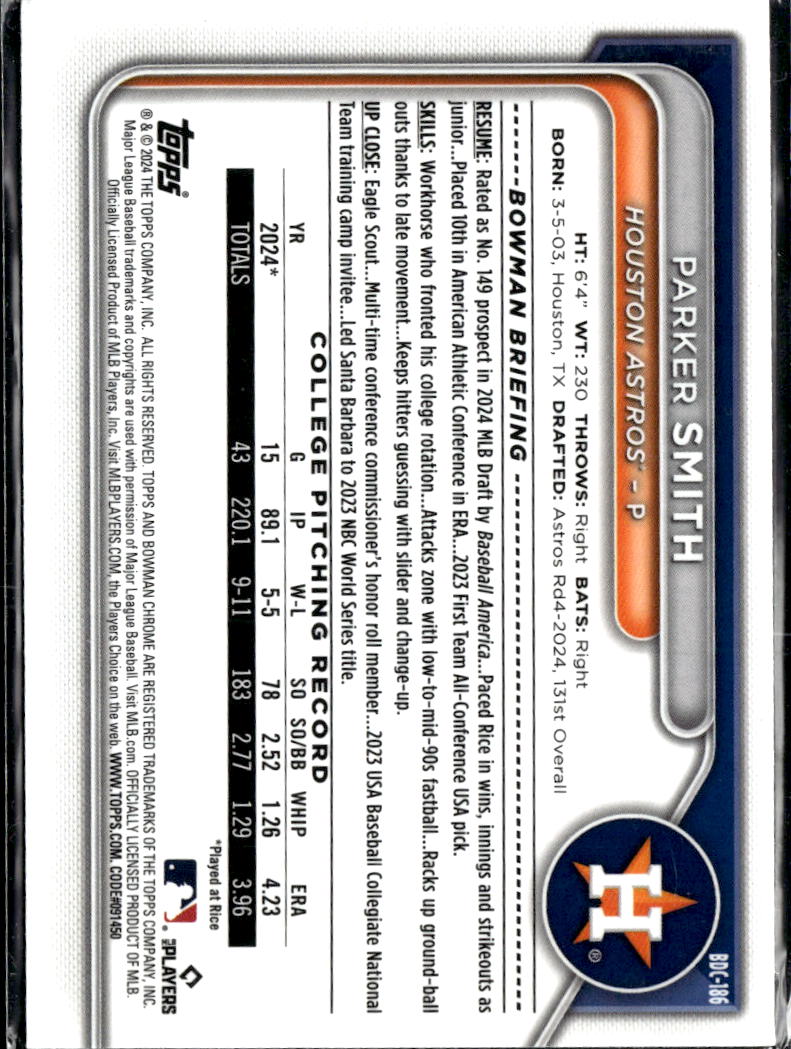Parker Smith 2024 Bowman Chrome 1st Green Grass /99 Houston Astros