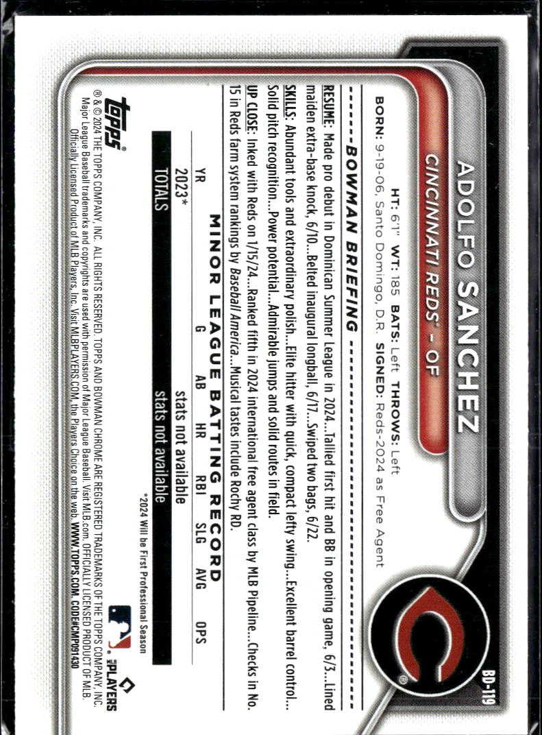 Adolfo Sanchez 2024 Bowman Green 87/99 Cincinnati Reds