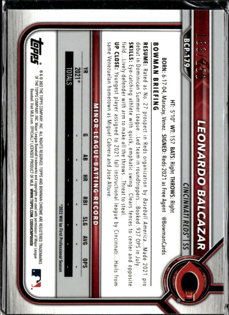 Leonardo Balcazar 2022 Bowman Chrome Purple Mojo Refractor /250 Cincinnati Reds