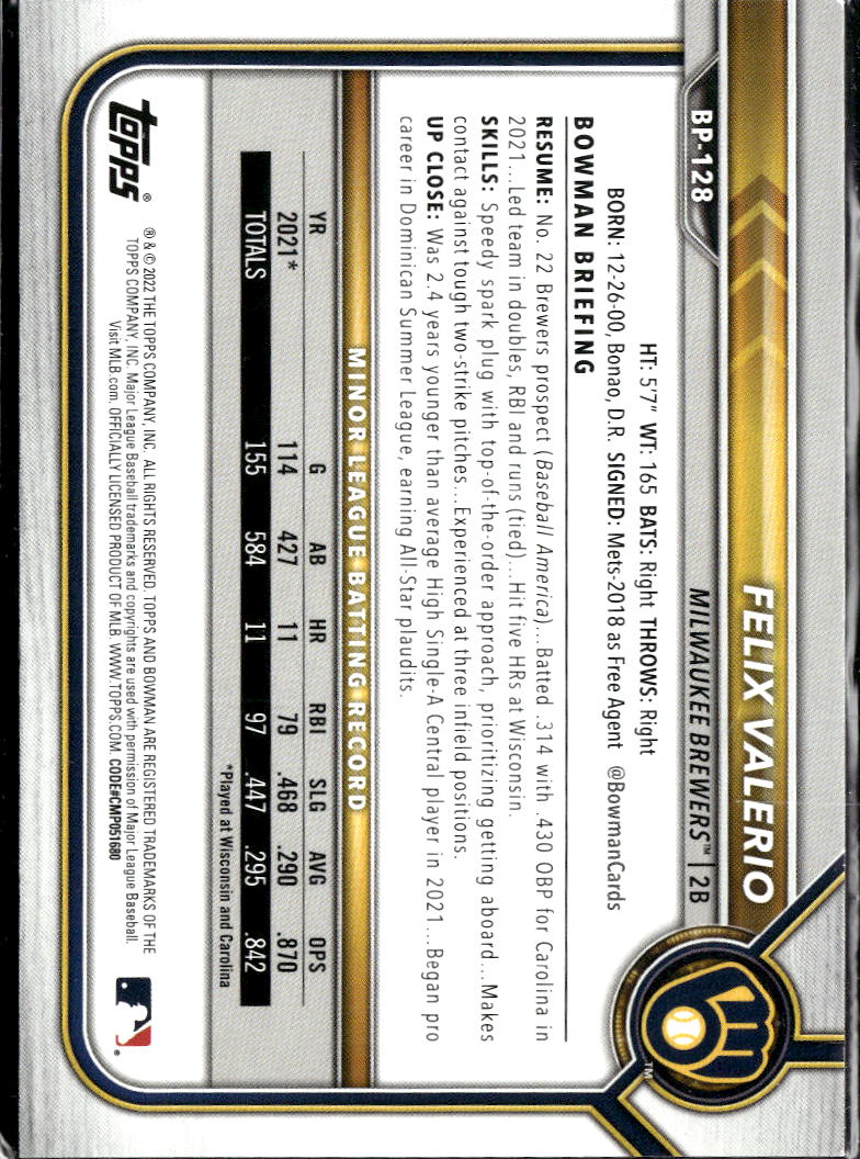 Felix Valerio 2022 Bowman Purple 1st /250 Milwaukee Brewers