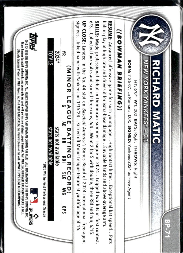 Richard Matic 2025 Bowman 1st Purple /250 New York Yankees