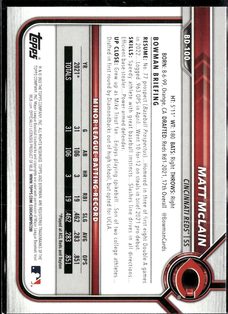 Matt McLain 2022 Bowman Draft Purple /250 Cincinnati Reds