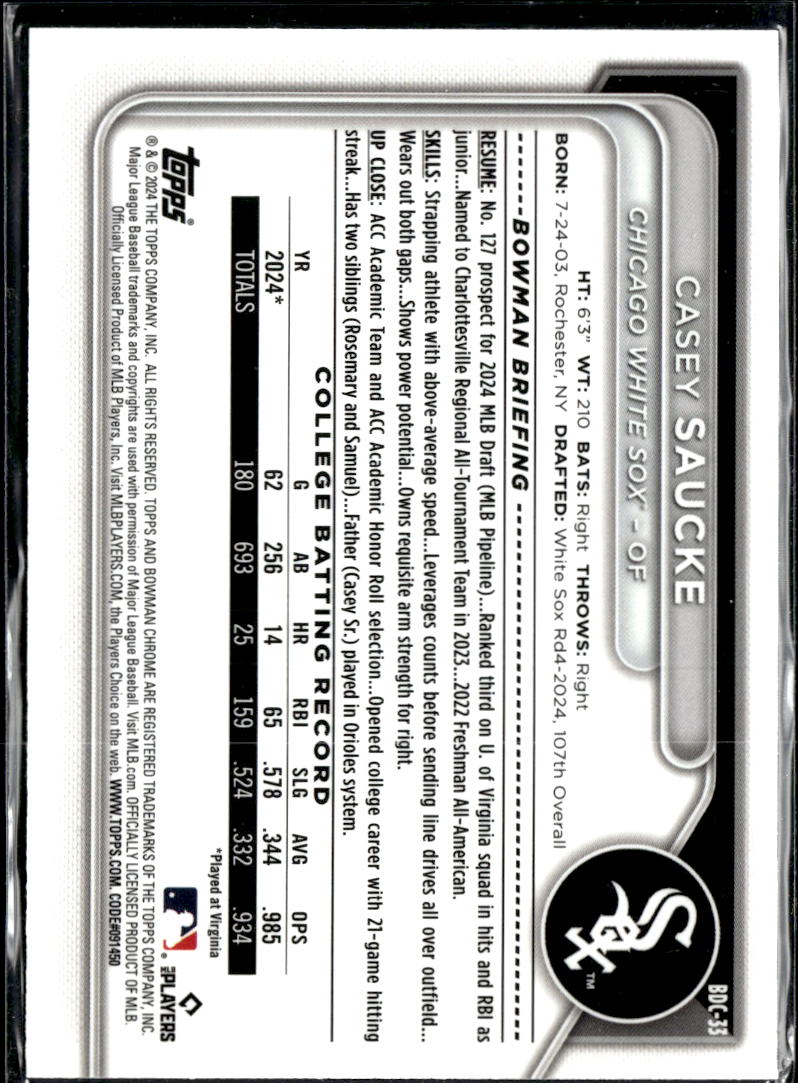 Casey Saucke 2024 Bowman Chrome 1st Fuchsia Lunar Glow /199 Chicago White Sox