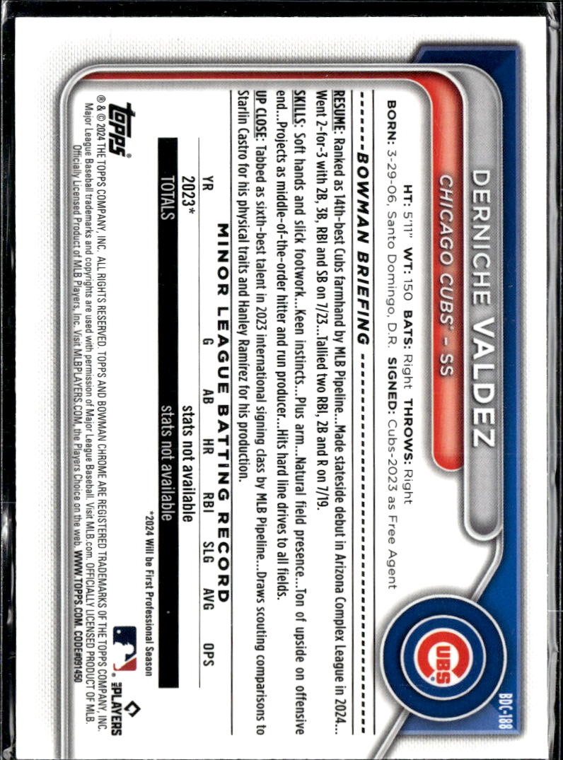 Derniche Valdez 2024 Bowman Chrome Fuchsia /199 Chicago Cubs