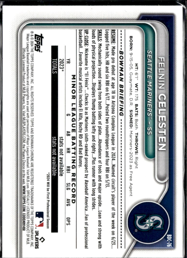 Felnin Celesten 2024 Bowman Chrome Fuchsia Refractor /199 Seattle Mariners