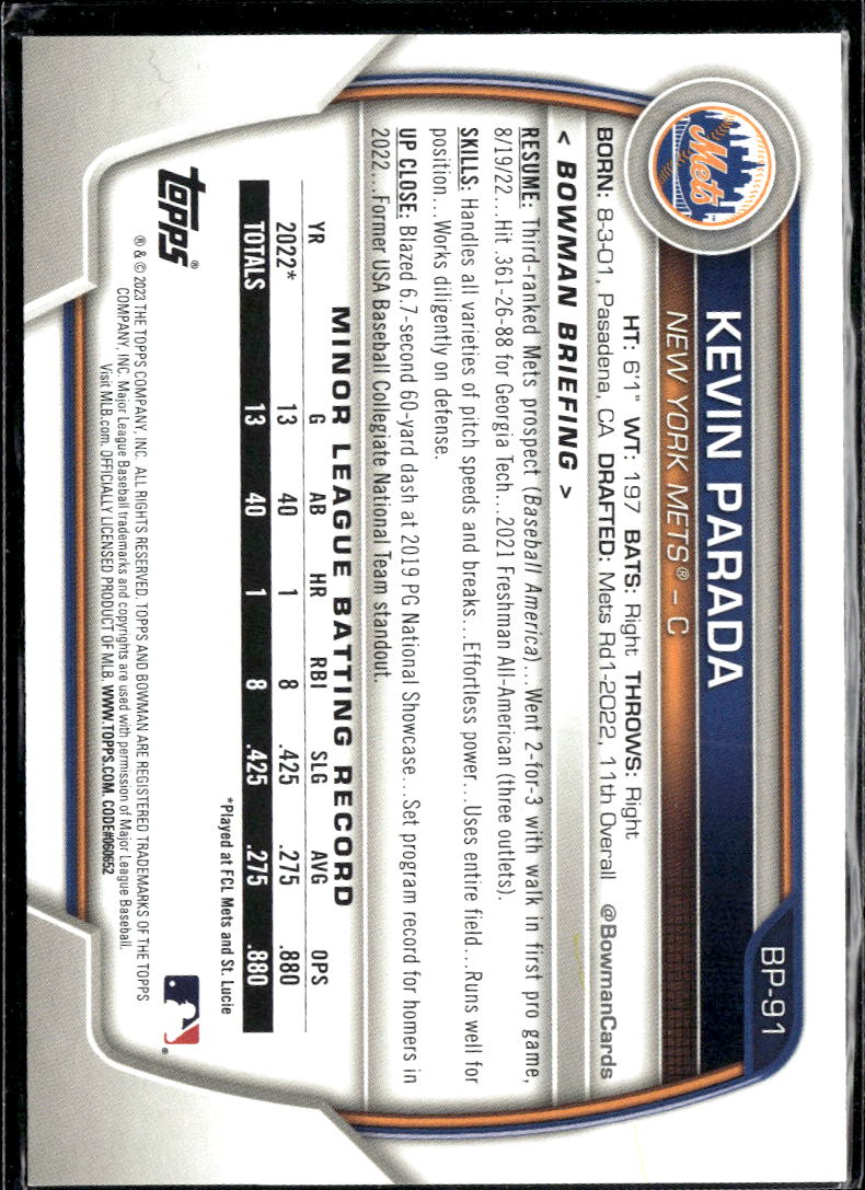 Kevin Parada 2023 Bowman Purple Parallel /199 New York Mets