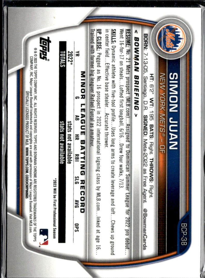 Simon Juan 2023 Bowman Chrome Purple Refractor /250 New York Mets