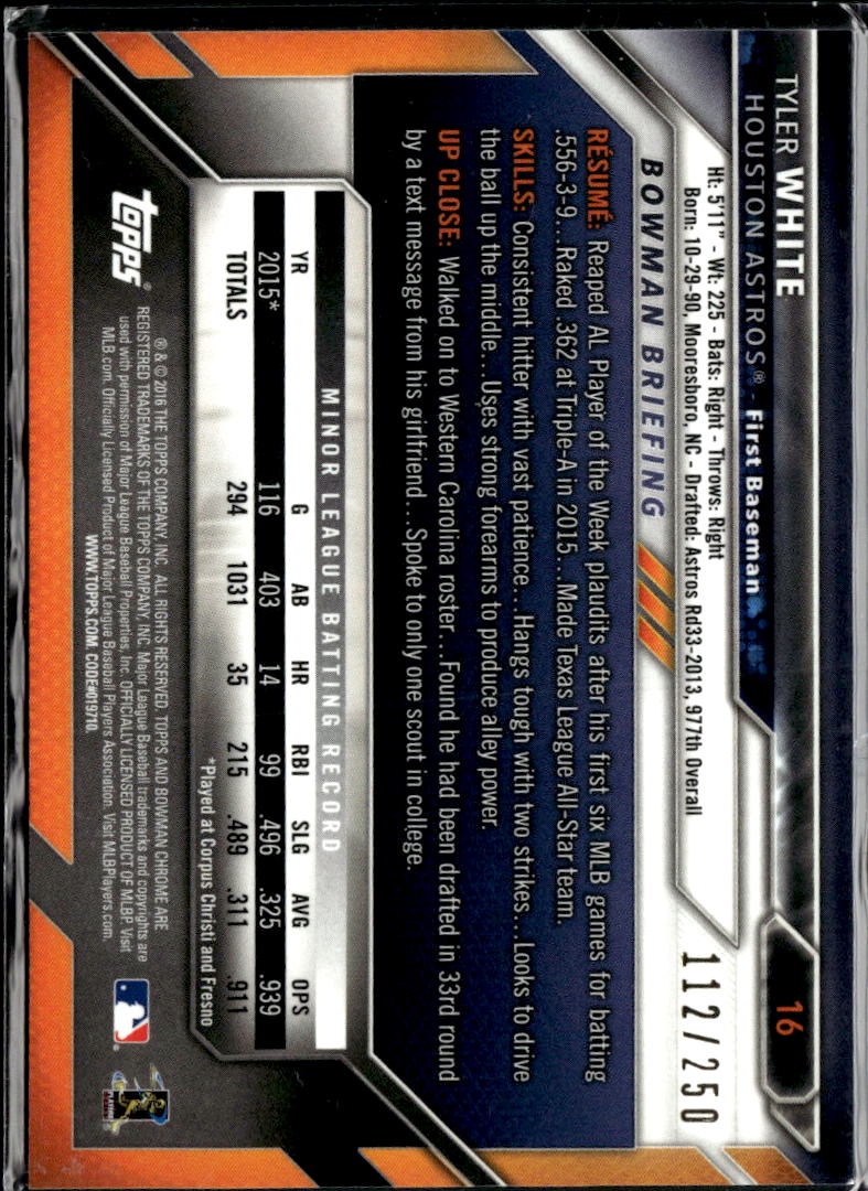 Tyler White 2016 Bowman Chrome RC Purple Refractor /250 Houston Astros