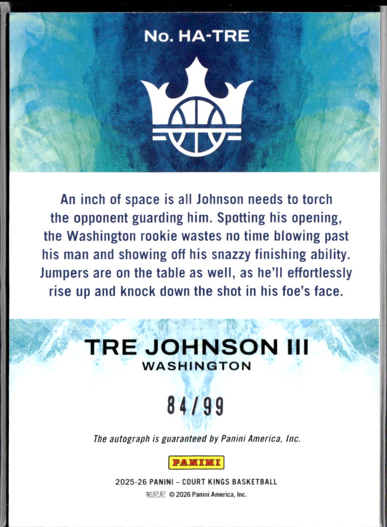 Tre Johnson III 2025-26 Court Kings Auto Autograph RC 84/99 Washington Huskies
