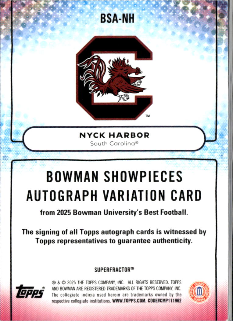 Nyck Harbor 2025 Bowman's Best Auto Autograph Superfractor RC 1/1 South Carolina