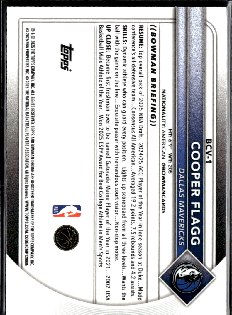 Cooper Flagg 2025 Bowman Chrome Mini Diamond Refractor Rookie Dallas Mavericks