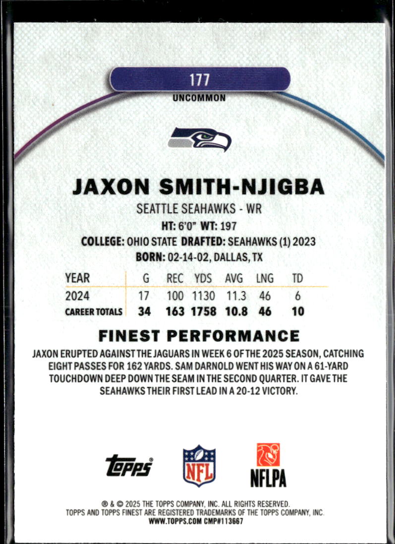 Jaxon Smith-Njigba 2025 Topps Finest Blue Refractor /150 Seattle Seahawks