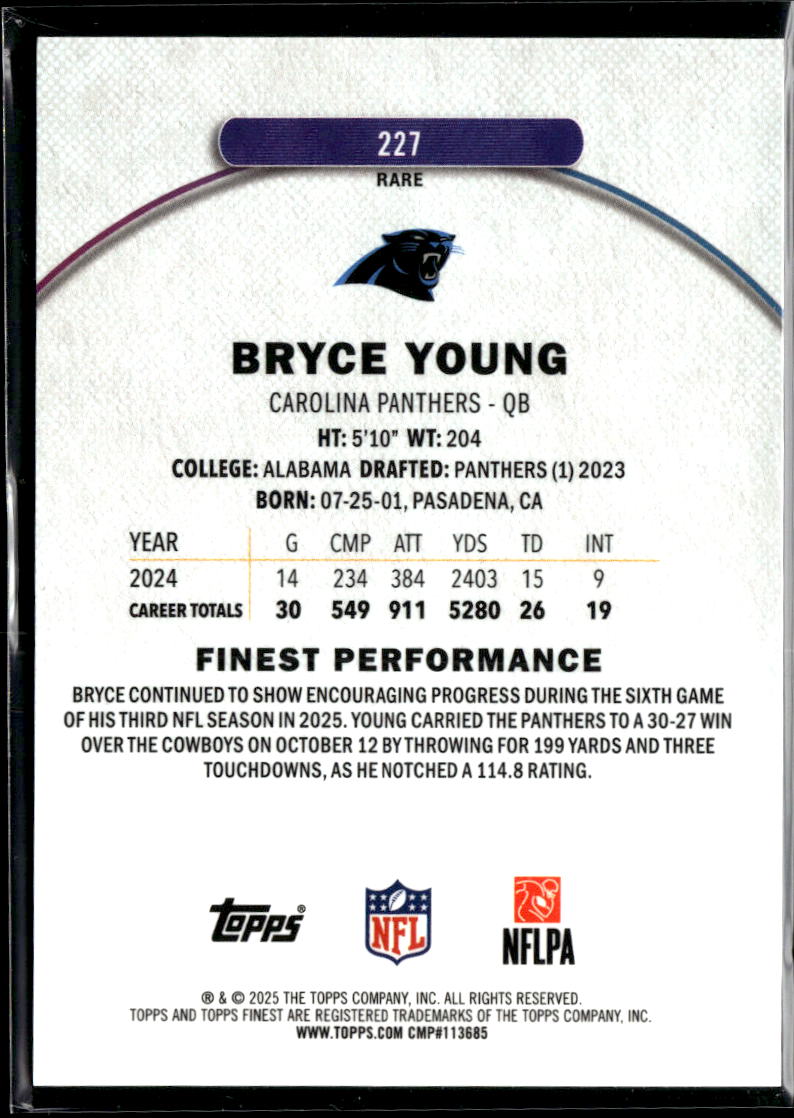 Bryce Young 2025 Topps Finest Rare Blue Xfractor 27/49 Carolina Panthers