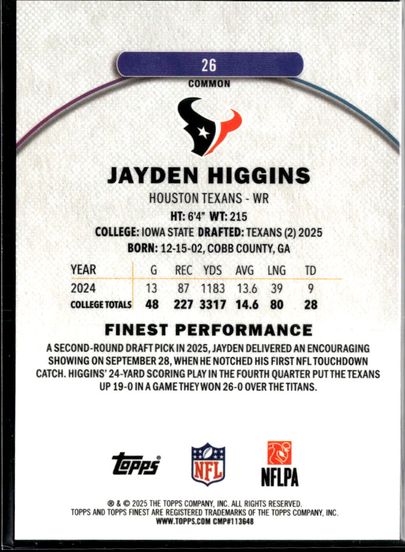Jayden Higgins 2025 Topps Finest Orange RC Rookie 12/25 Houston Texans