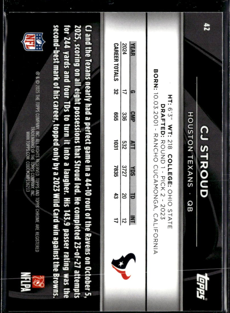 C.J. Stroud 2025 Topps Chrome Black Green Refractor 38/99 Houston Texans