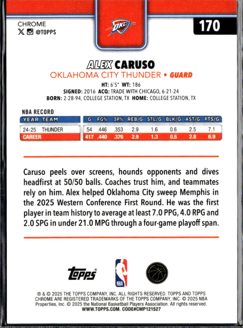 Alex Caruso 2025 Topps Chrome Sapphire GOLD Refractor 18/50 OKC Thunder