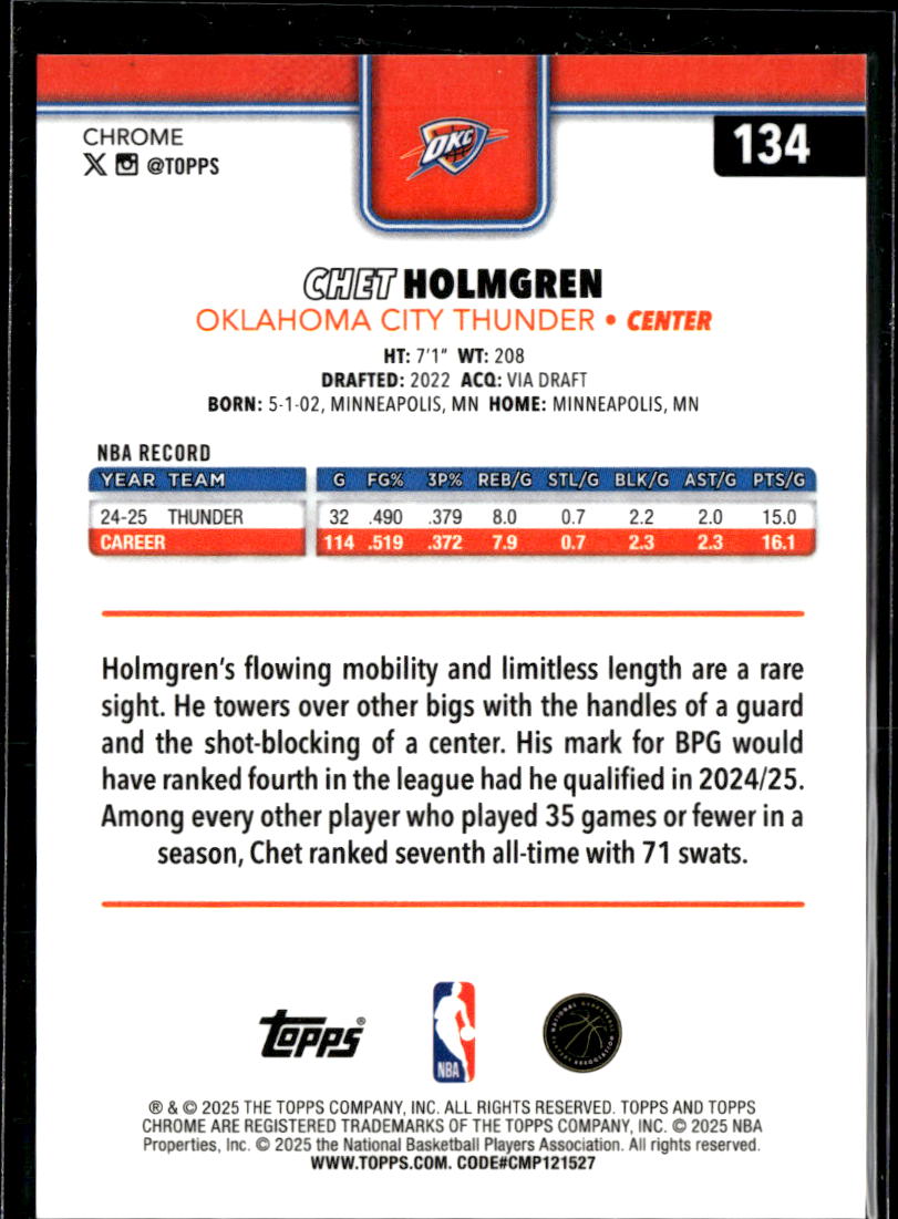 Chet Holmgren 2025 Topps Chrome Sapphire GOLD Refractor 40/50 OKC Thunder