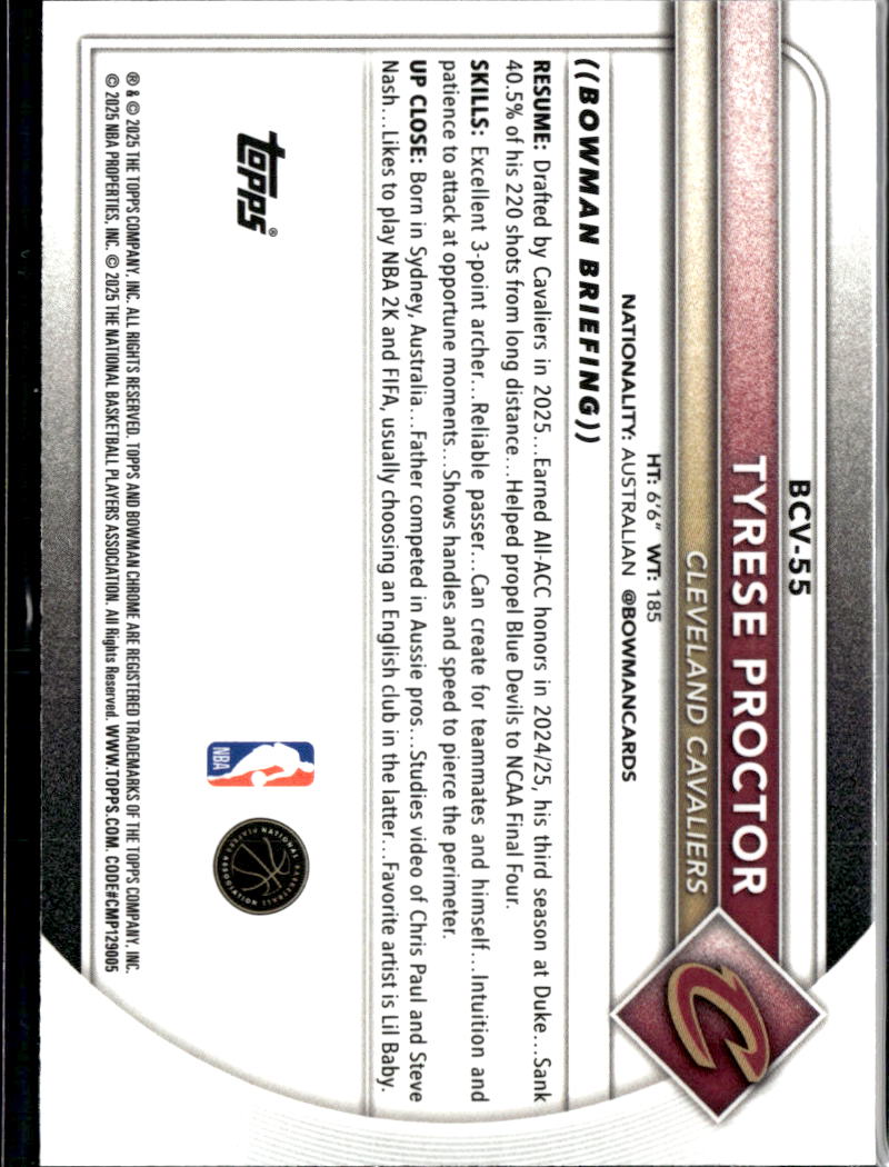 Tyrese Proctor 2025 Bowman Chrome Blue Reptilian RC 61/150 Cleveland Cavaliers