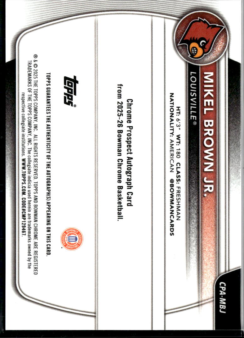 Mikel Brown Jr. 2025  Bowman Chrome 1st Auto Autograph /299 Louisville Cardinals