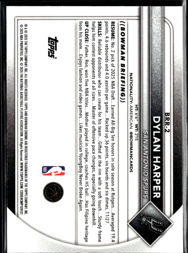 Dylan Harper 2025 Bowman Chrome RED Rookie Refractor RC San Antonio Spurs