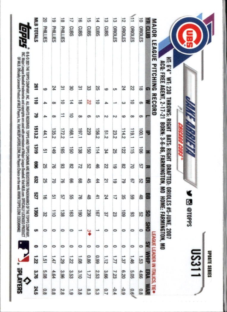 Jake Arrieta 2021 Topps Chrome Update Blue Sapphire Refractor Chicago Cubs