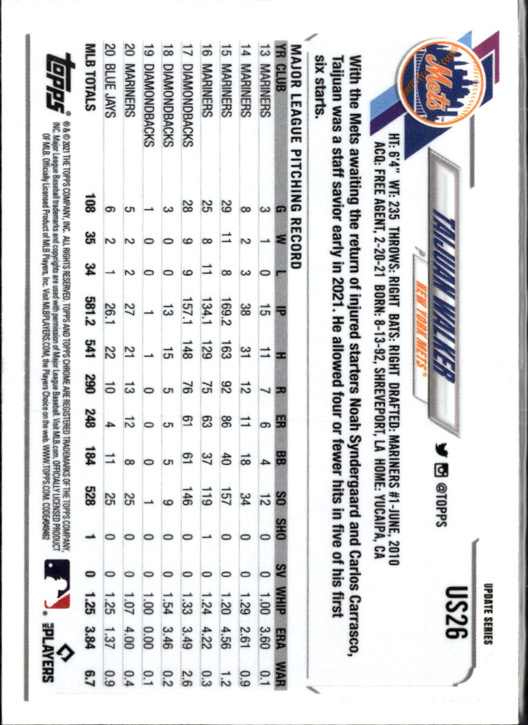 Taijuan Walker 2021 Topps Chrome Update Blue Sapphire Refractor New York Mets