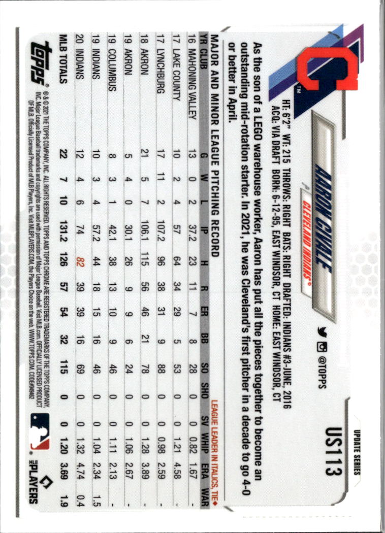 Aaron Civale 2021 Topps Chrome Update Series Sapphire Cleveland Indians