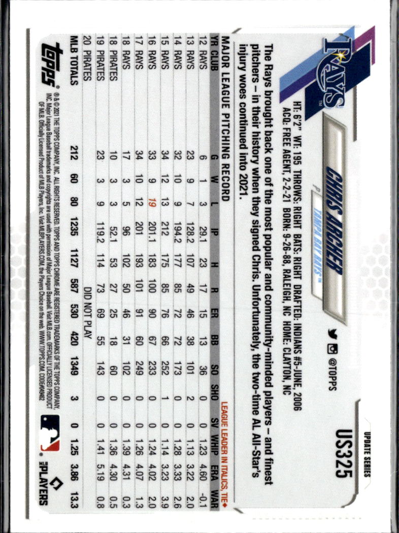 Chris Archer 2021 Topps Chrome Update Blue Sapphire Tampa Bay Rays