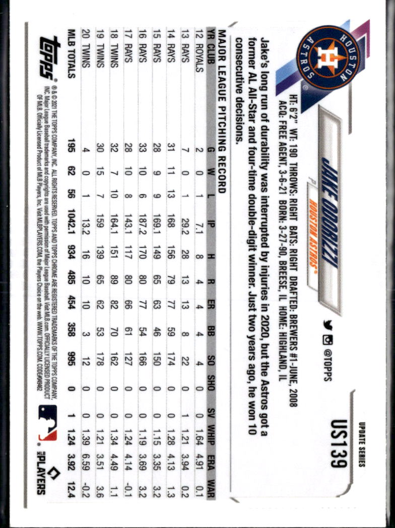 Jake Odorizzi 2021 Topps Chrome Blue Sapphire Refractor Houston Astros