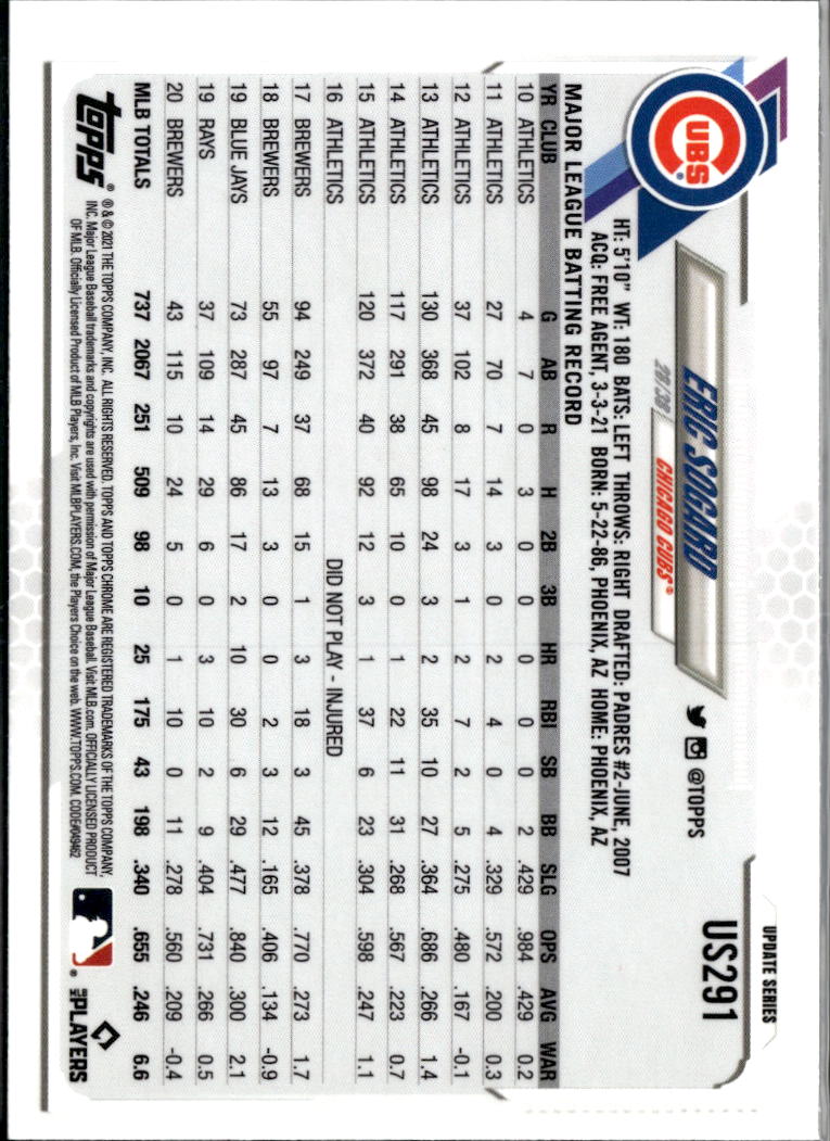 Eric Sogard 2021 Topps Chrome Update Series Blue Sapphire /38 Chicago Cubs