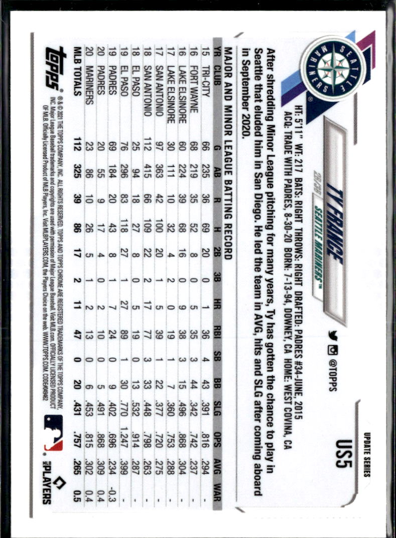 Ty France 2021 Topps Chrome Blue Sapphire Refractor Seattle Mariners