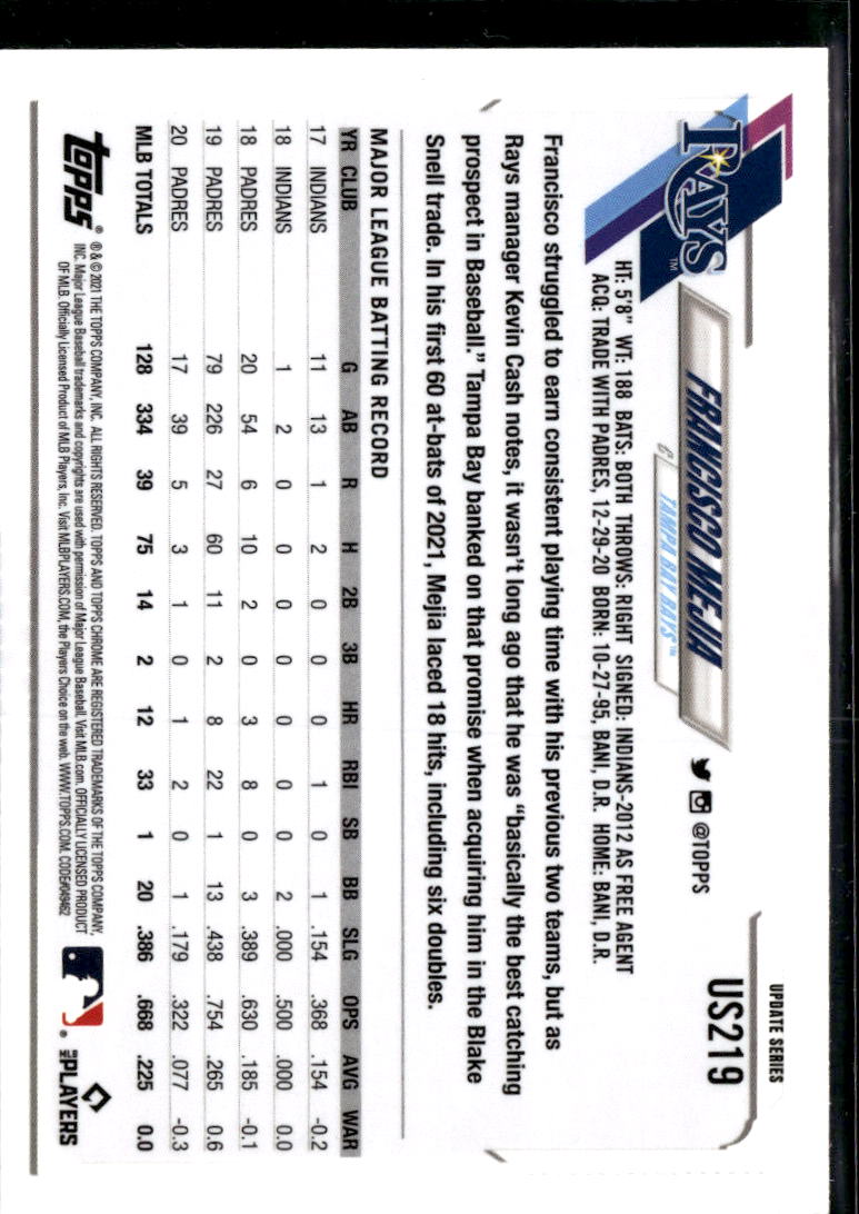 Francisco Mejia 2021 Topps Chrome Blue Sapphire Refractor Tampa Bay Rays