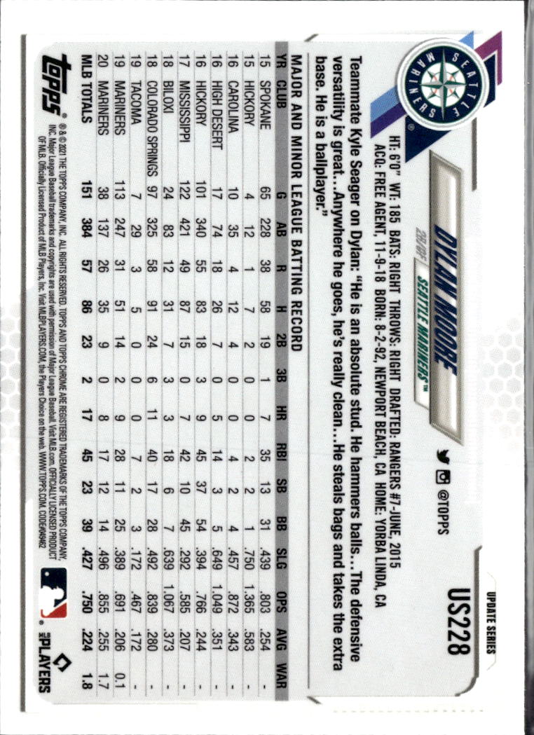 Dylan Moore 2021 Topps Chrome Update Blue Sapphire Refractor Seattle Mariners