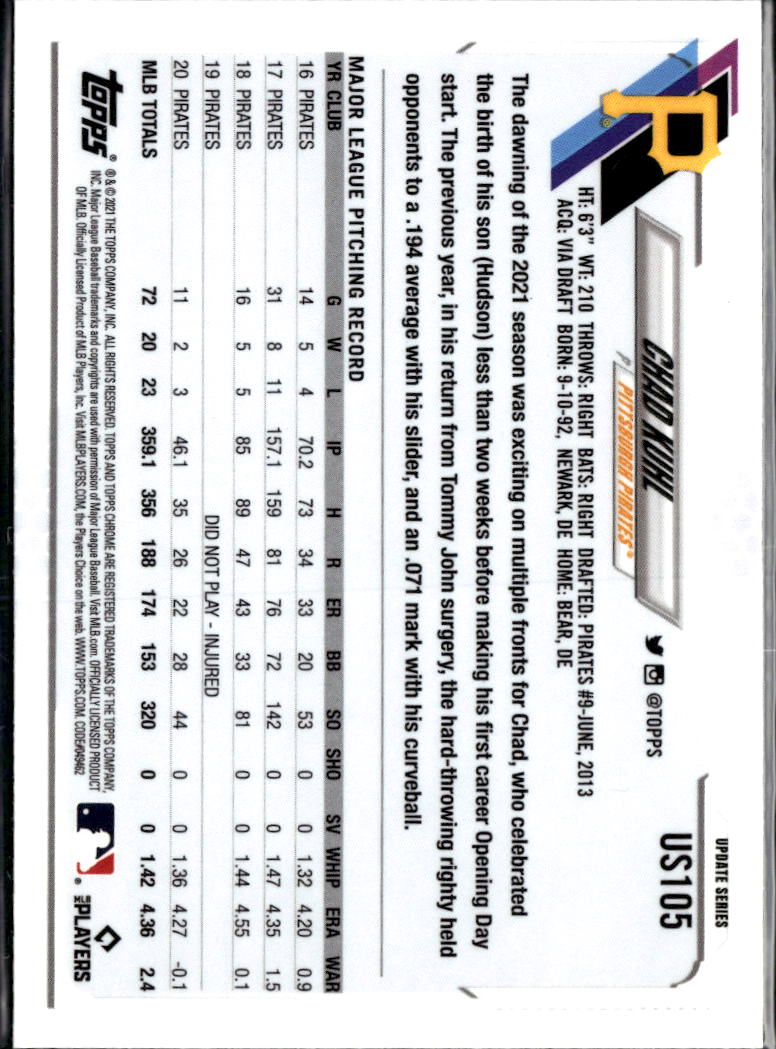 Chad Kuhl 2021 Topps Chrome Blue Sapphire Refractor Pittsburgh Pirates