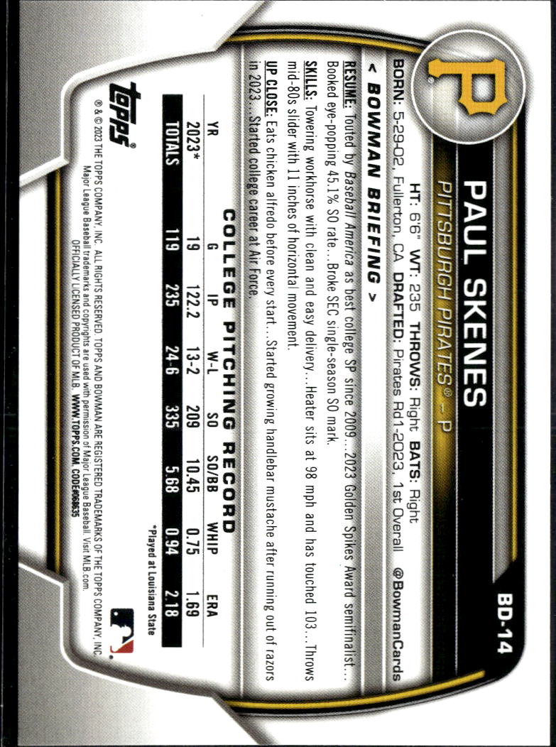Paul Skenes 2023 Bowman Draft 1st Rookie RC Pittsburgh Pirates