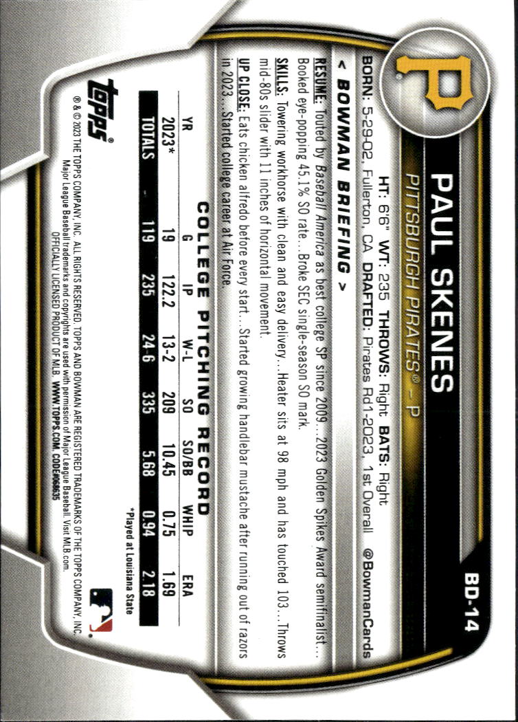 Paul Skenes 2023 Bowman Draft 1st Bowman Pittsburgh Pirates