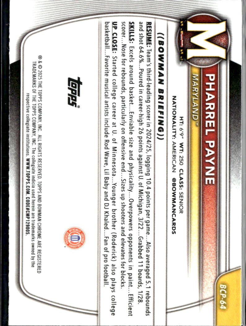 Pharrel Payne 2025 Bowman Chrome 1st Reptilian Refractor Maryland Terrapins