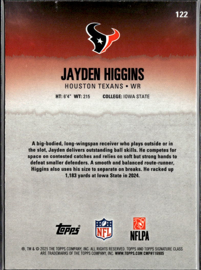 Jayden Higgins 2025 Topps Signature Class Rookie RC /275 Houston Texans