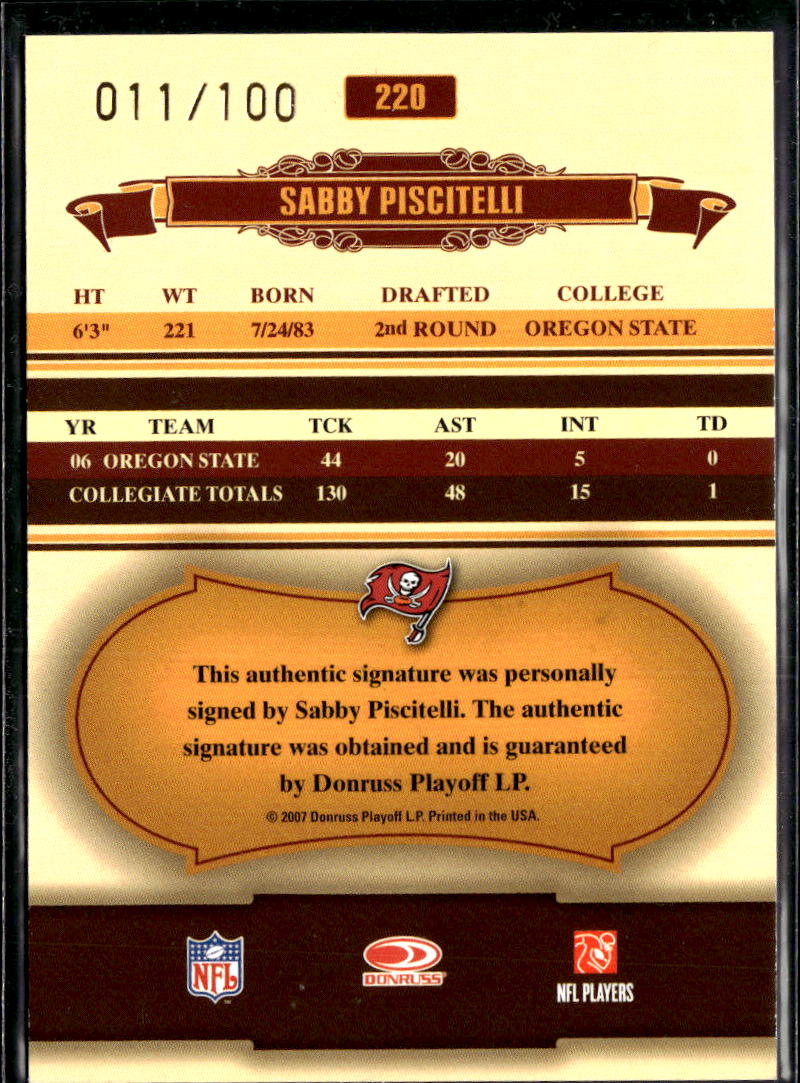 Sabby Piscitelli 2007 Donruss Classics Auto Autograph RC /100 Bay Buccaneers